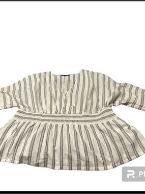 INC International Concepts Cream and Gray Striped Peplum Blouse